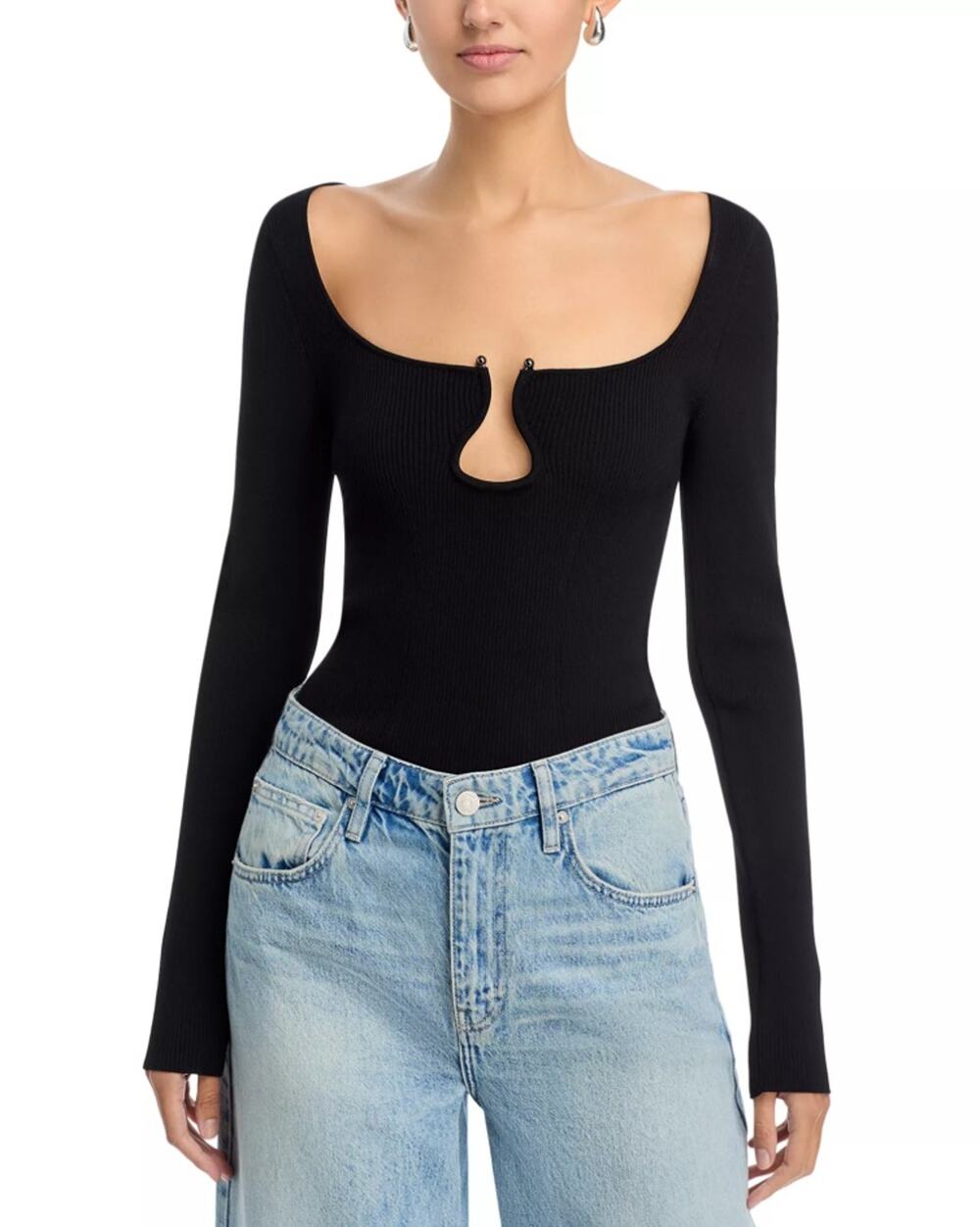 Ramy Brook Women Black Rib Knit Viscose Lylia Preppy Wire Neck Slim Top Size M